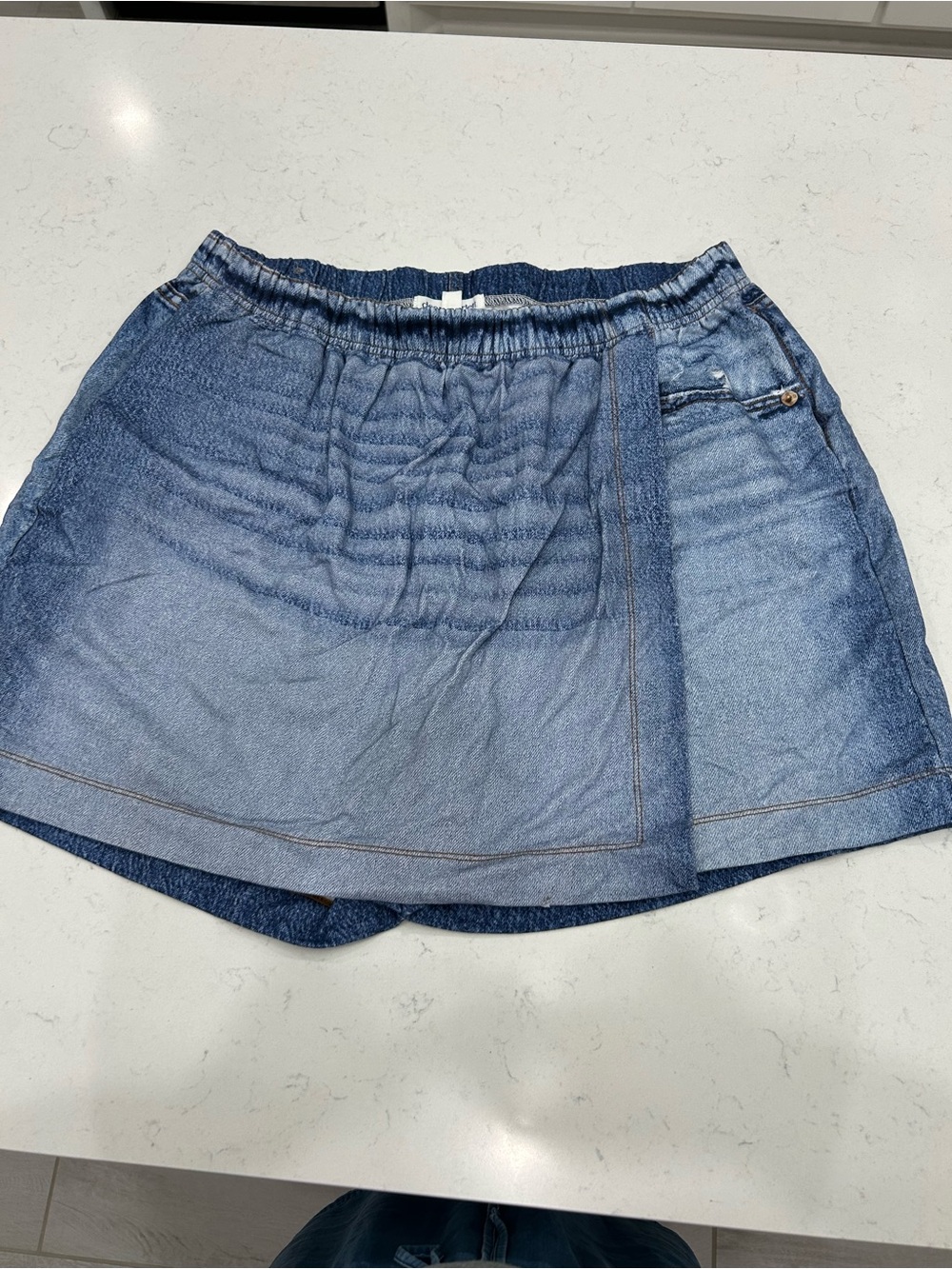 Light Blue Denim Look Wrap Skort with Elastic Waist